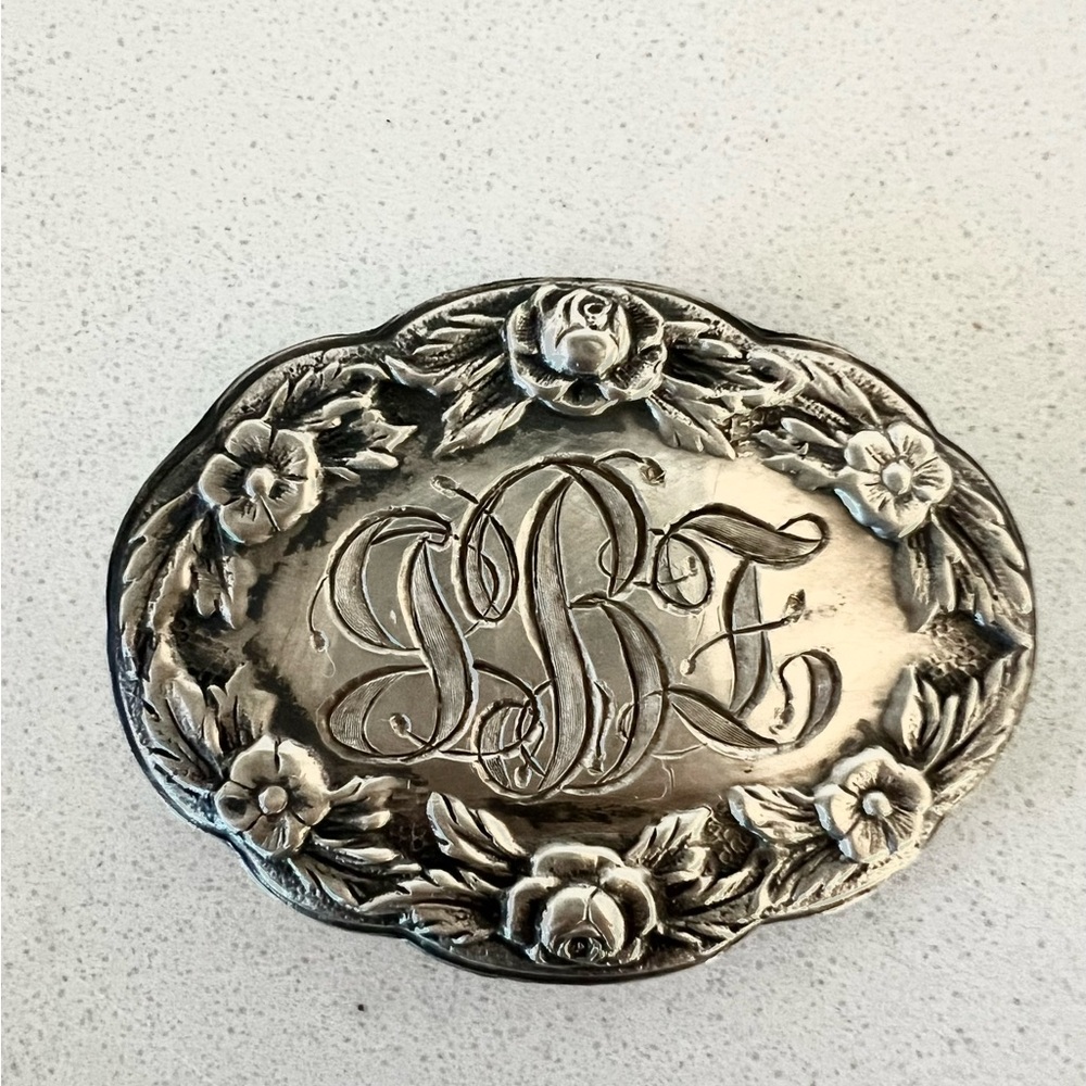 Vintage Sterling Silver Buckle with Repoussé Floral Border Monogrammed Initials